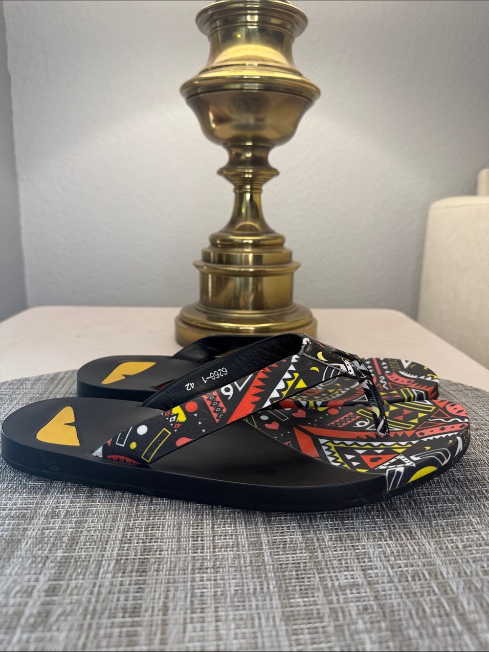Fendi Black Tribal-Print Thong Sandals with Red, Yellow & White Accents - Picture 3 of 6